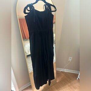 WOMENS BLACK WASHED WIDE LEG JUMPSUIT WITH ADJUSTABLE TIE STRAPS